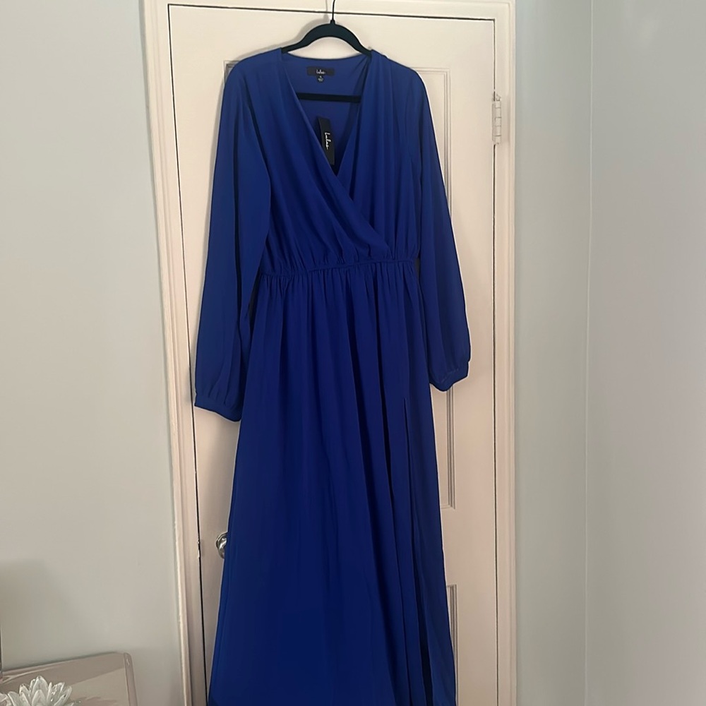 NWT Lulus, Royal Blue, long sleeved, floor length dress. Size XL